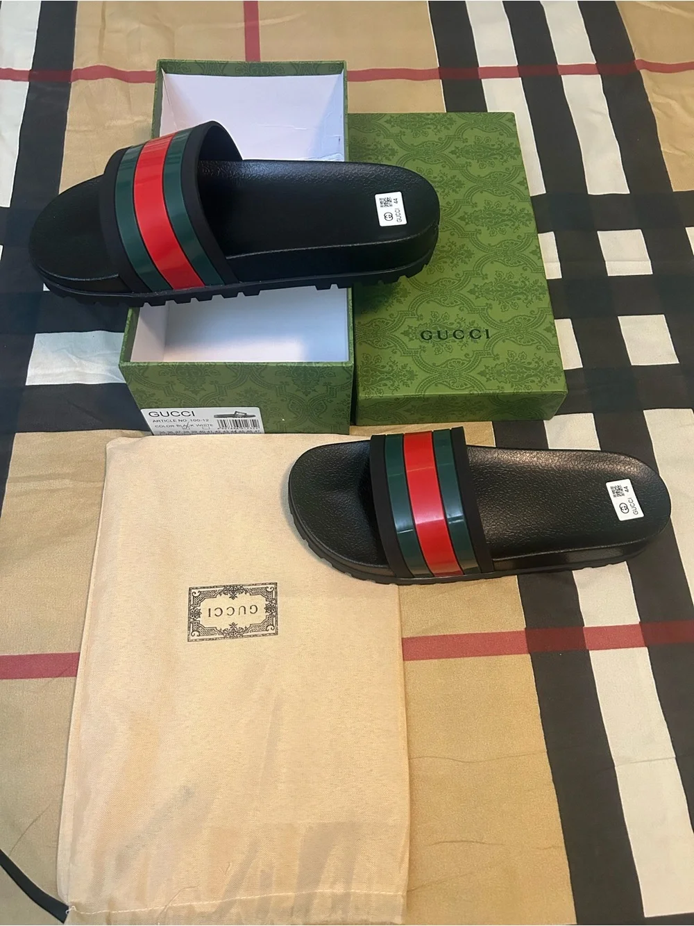 Gucci Black Slides with Green and Red Web Stripe